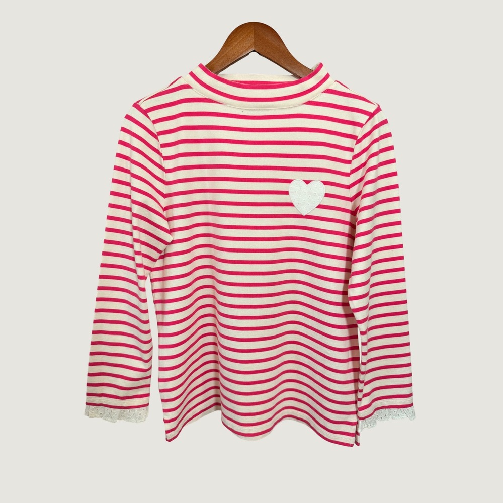 Talbots Pink White Striped Mock Neck Heart Eyelet Lace Long Sleeve Top Small - Picture 2 of 8